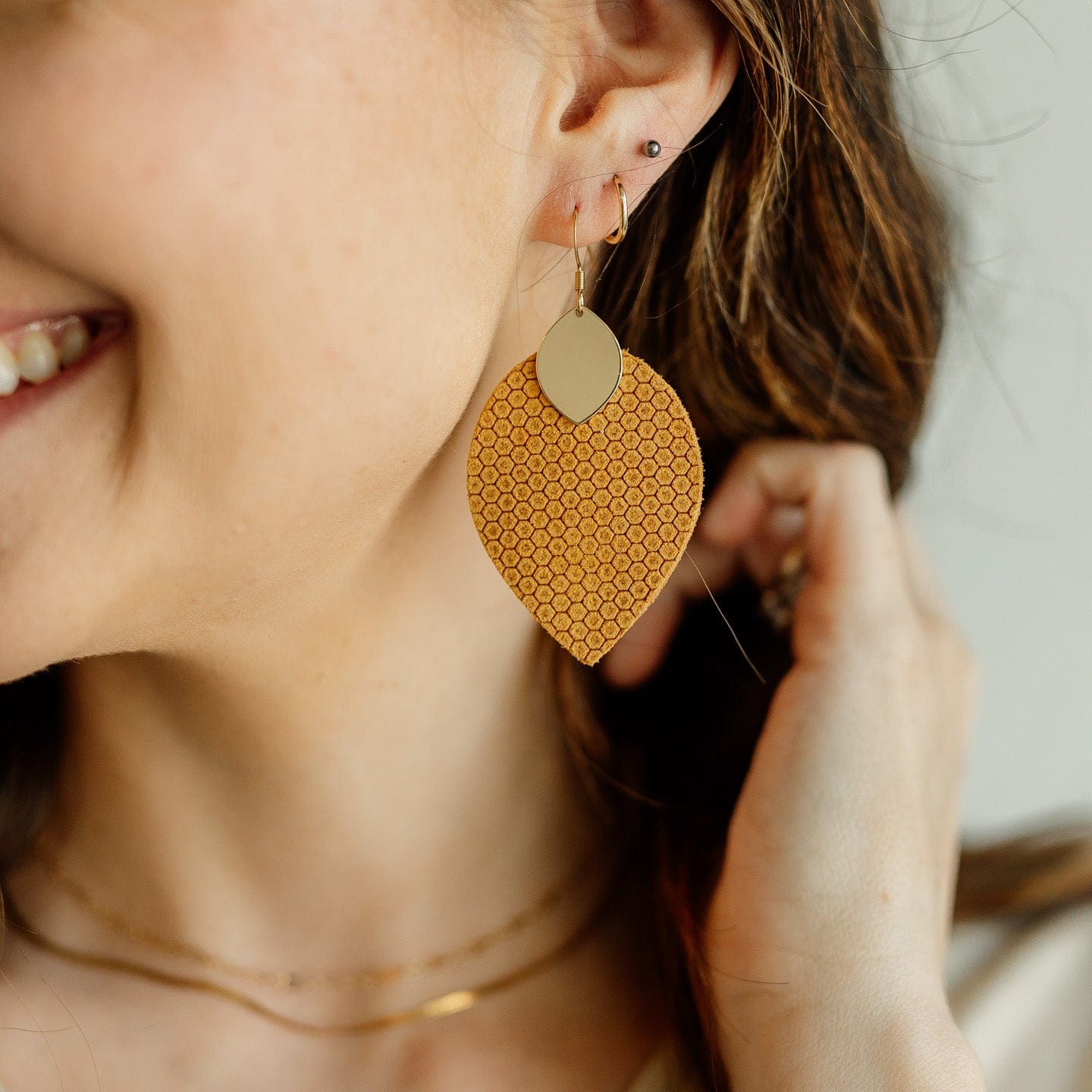 Honey Mustard Lightweight Leather Statement Earrings Sela Designs