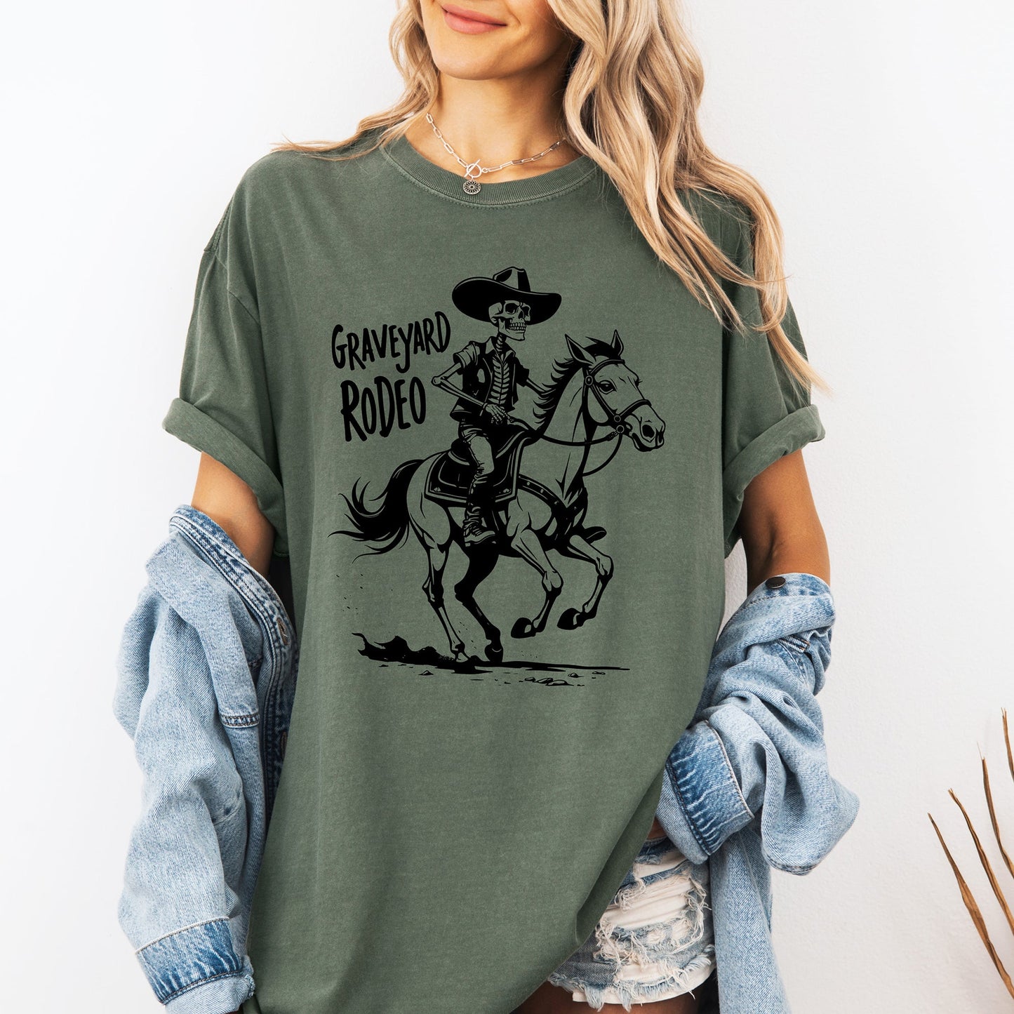 Halloween Cowboy Skeleton Comfort Colors T-Shirt Graveyard Rodeo