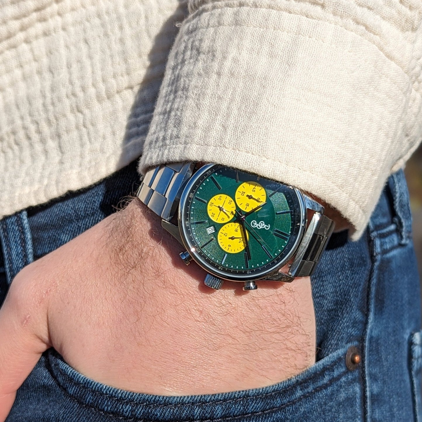 Green and Yellow Chronograph 41mm Stainless Steel Watch The Beyond Boring Watch Company