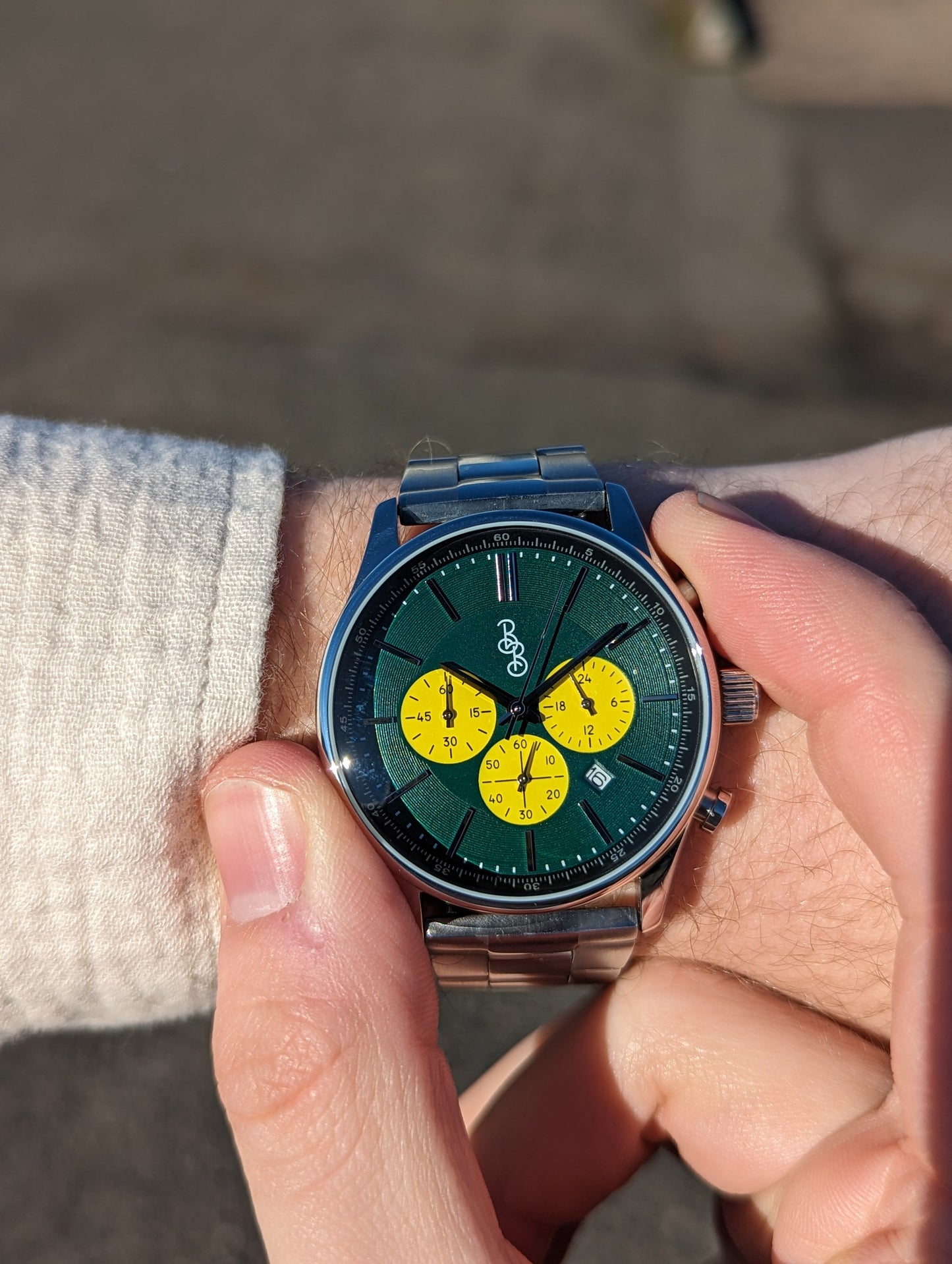 Green and Yellow Chronograph 41mm Stainless Steel Watch The Beyond Boring Watch Company