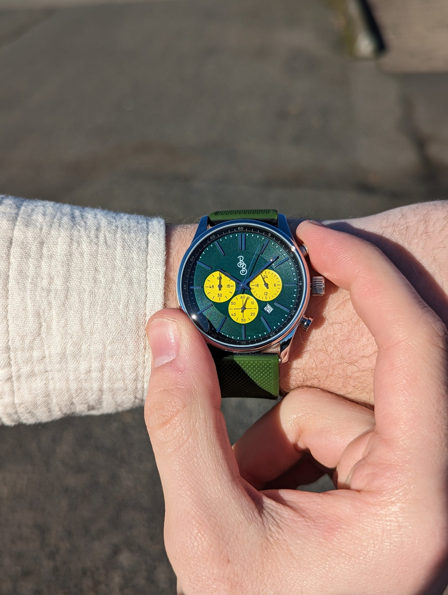 Green and Yellow Chronograph 41mm Stainless Steel Watch The Beyond Boring Watch Company