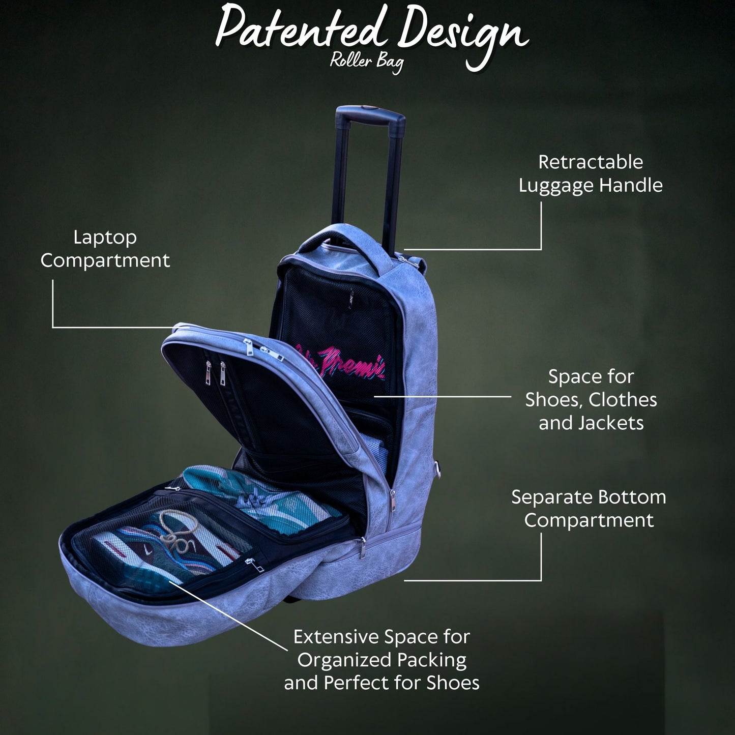 Grey Leather TSA-Approved Carry-On Roller Bag Sole Premise