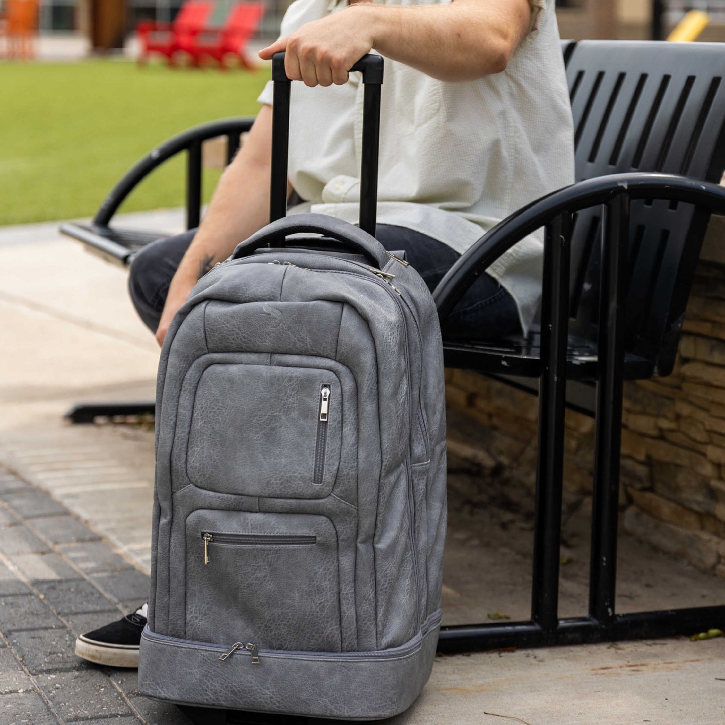 Grey Leather TSA-Approved Carry-On Roller Bag Sole Premise