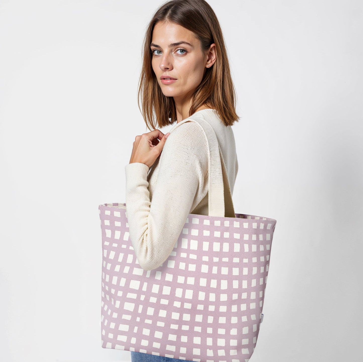 Grid Wide Heavyweight Cotton Canvas Tote Bag
