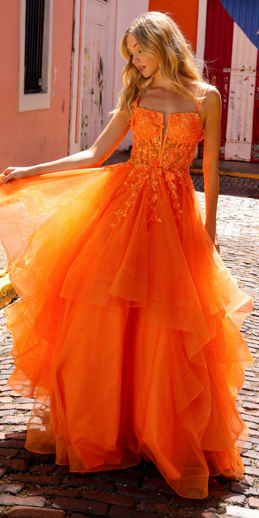 Nox Anabel H1351 Long A-Line Tiered Layered Ruffled Tulle Ballgown