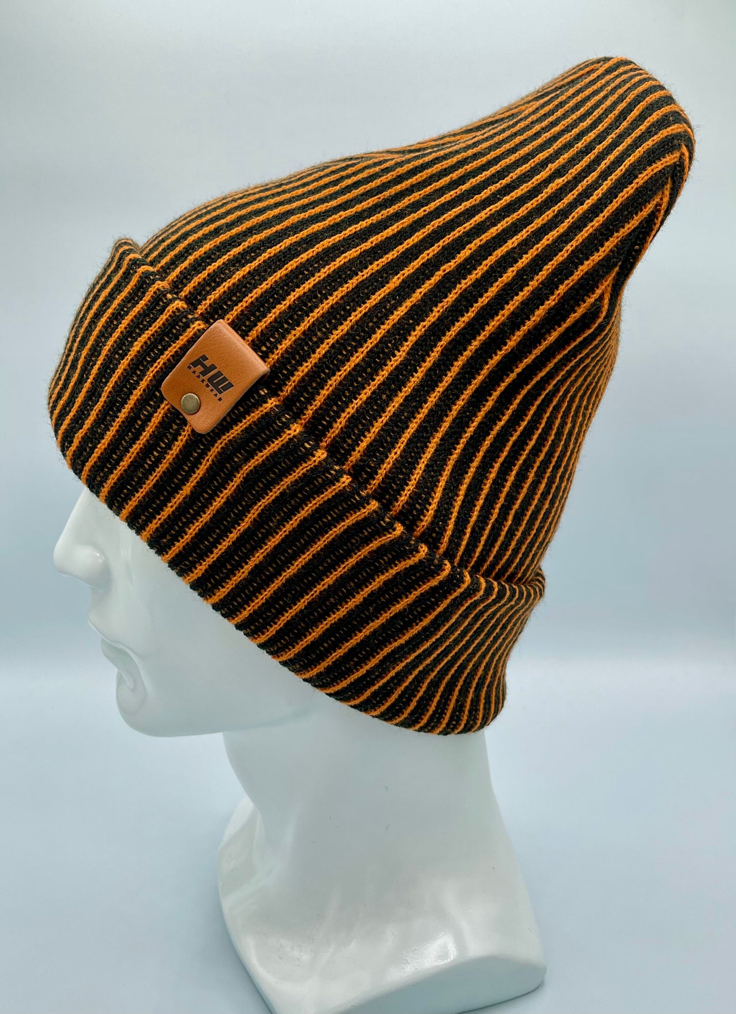 Cuffed Wide Ribbed Striped Beanie Black Orange Hat HAAKWEAR