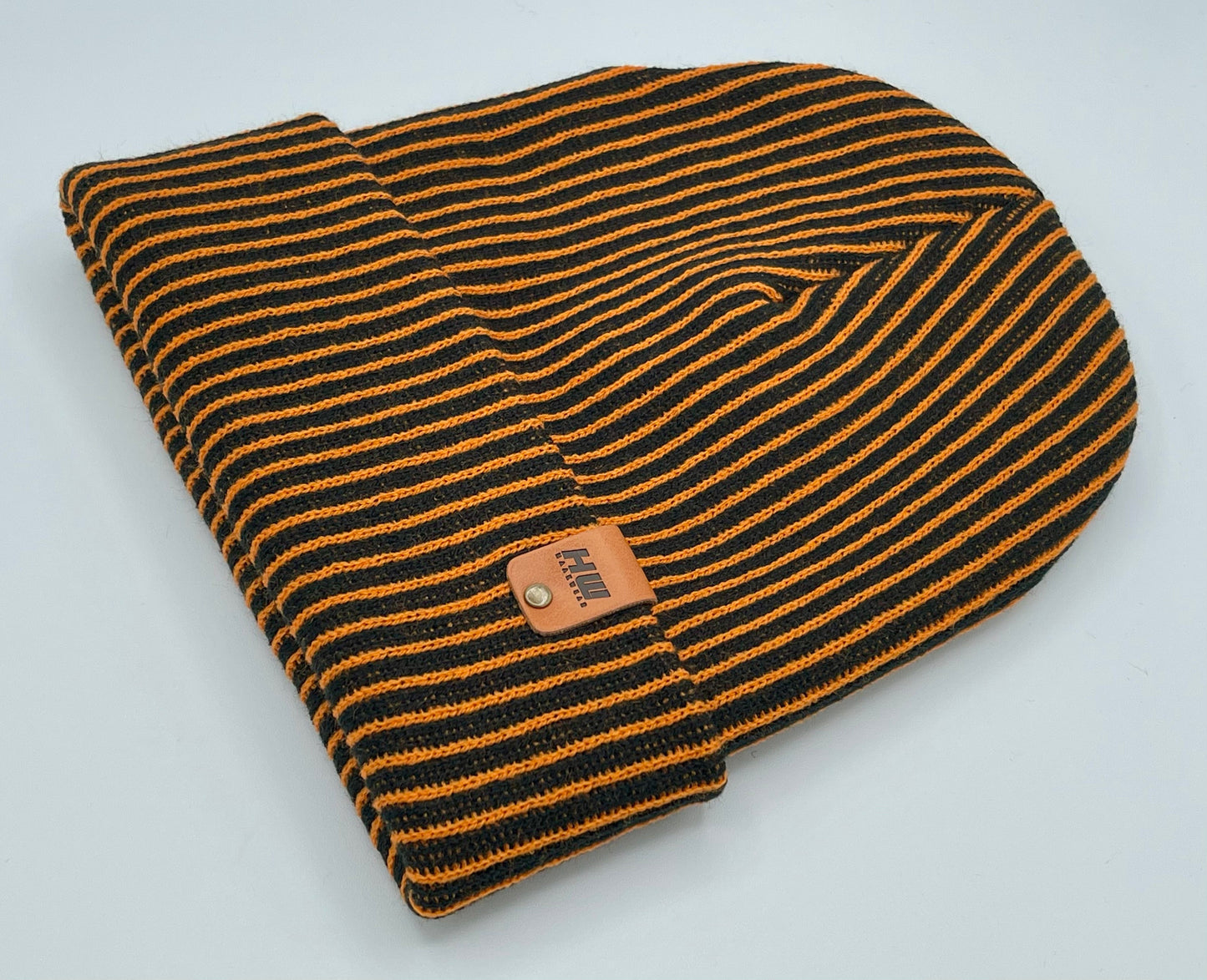 Cuffed Wide Ribbed Striped Beanie Black Orange Hat HAAKWEAR