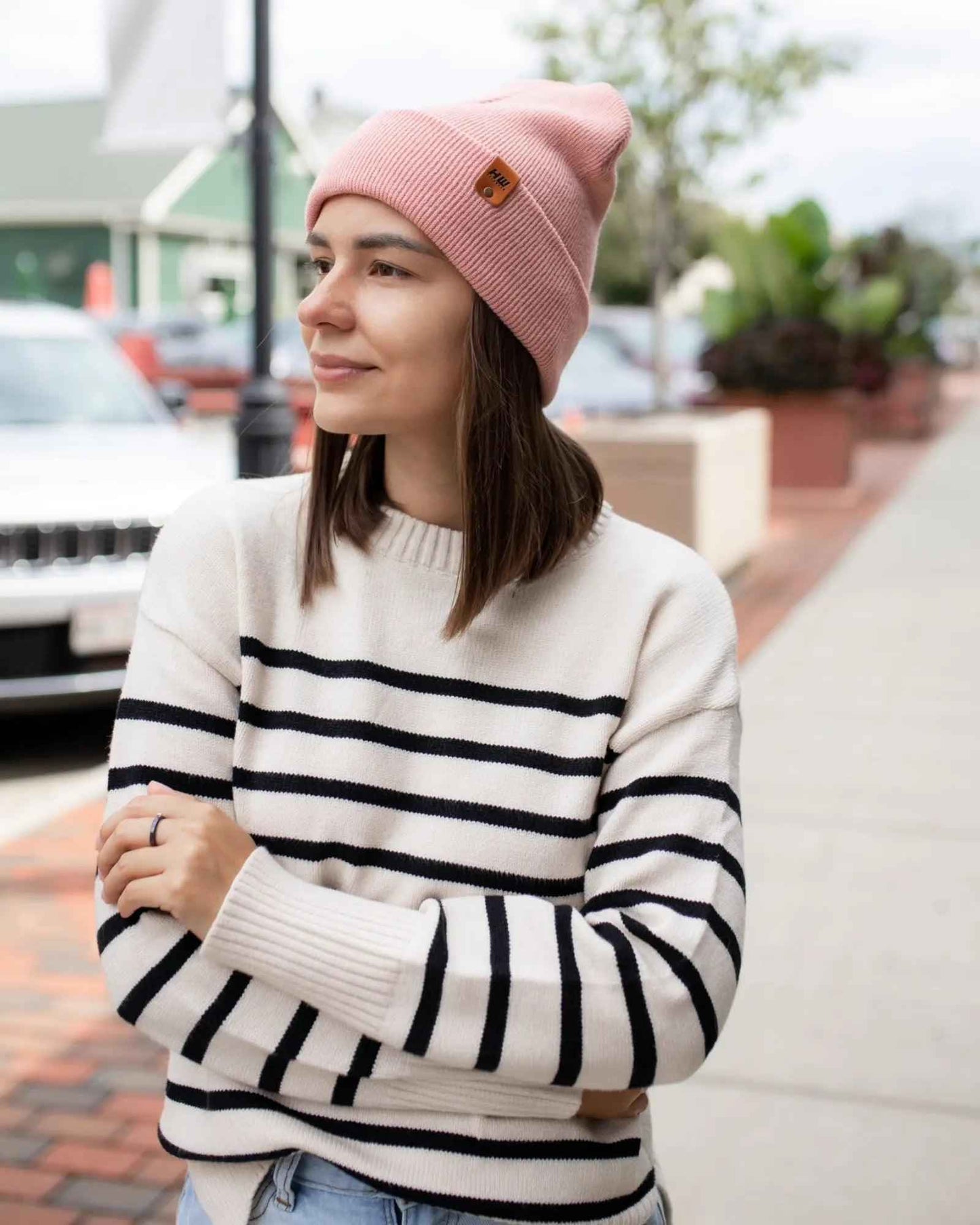 Pearl Pink Knit Cuffed Classic Beanie Hat HAAKWEAR
