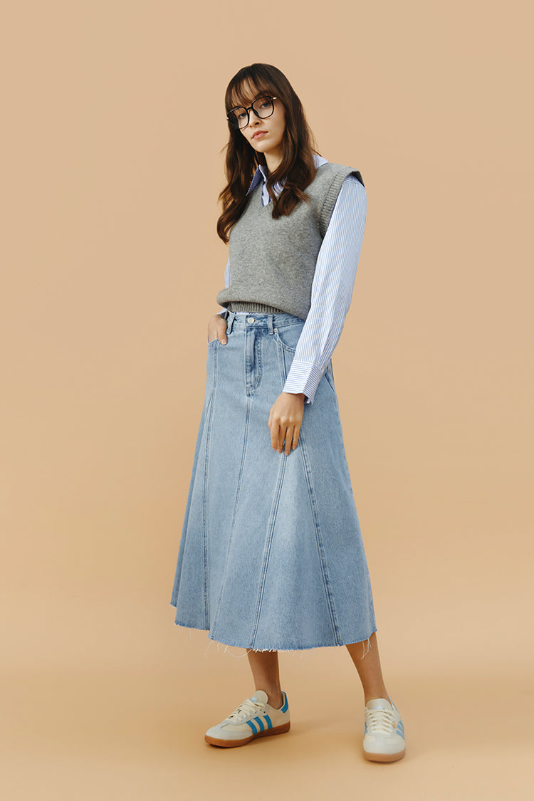 Monica Swing Denim High-Rise Midi Skirt Hey Joanie