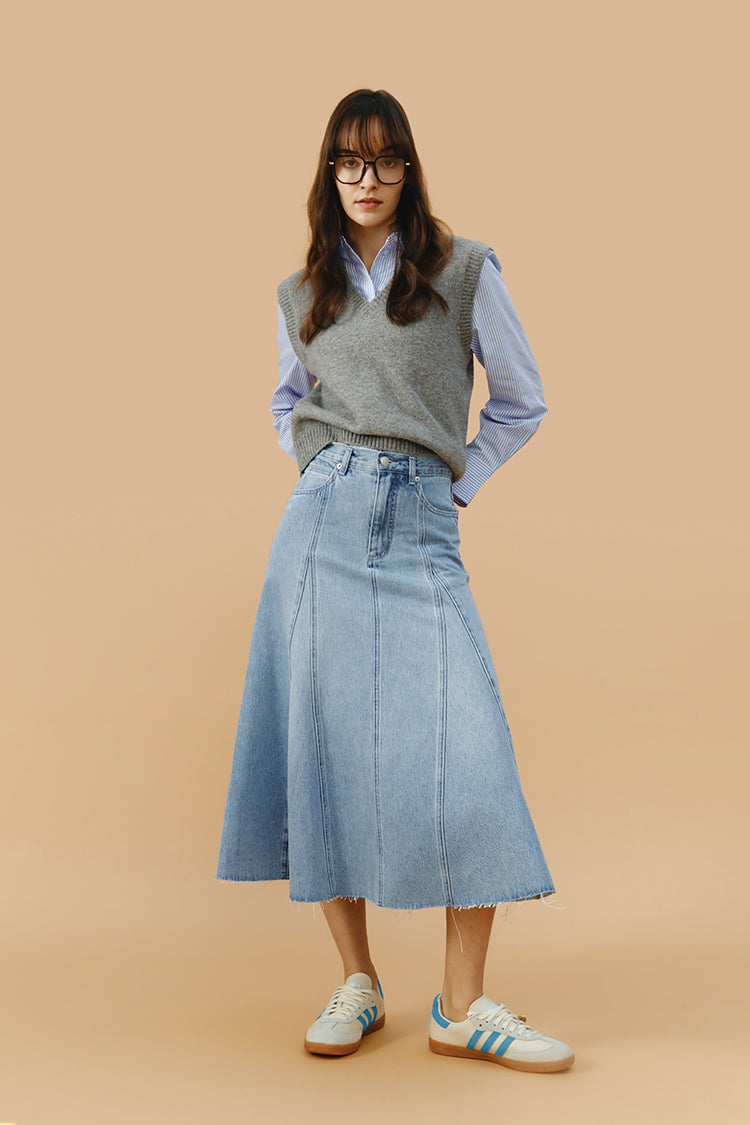 Monica Swing Denim High-Rise Midi Skirt Hey Joanie