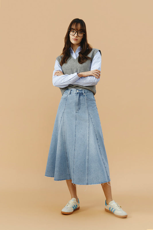 Monica Swing Denim High-Rise Midi Skirt Hey Joanie