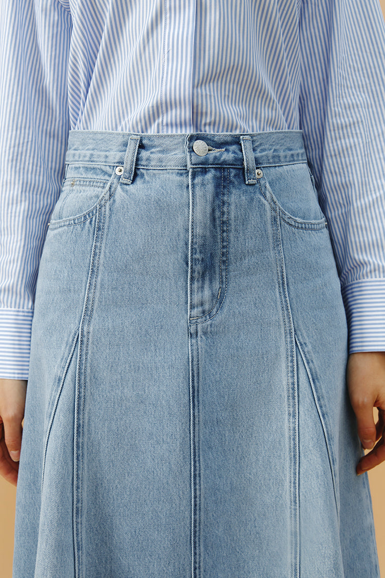 Monica Swing Denim High-Rise Midi Skirt Hey Joanie