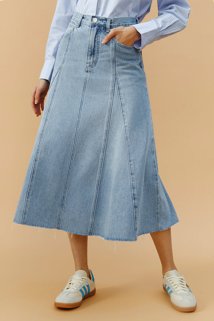 Monica Swing Denim High-Rise Midi Skirt Hey Joanie