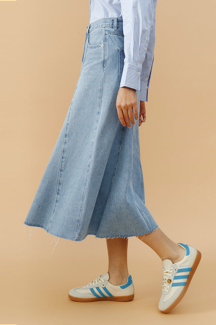 Monica Swing Denim High-Rise Midi Skirt Hey Joanie