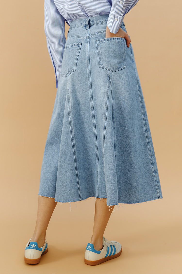 Monica Swing Denim High-Rise Midi Skirt Hey Joanie