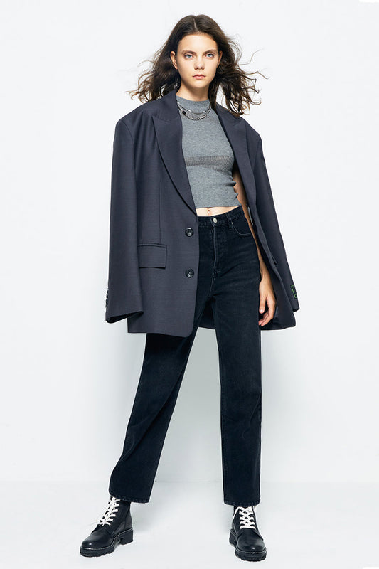 High Rise Straight Ankle Jeans Mid-weight Denim Manhattan