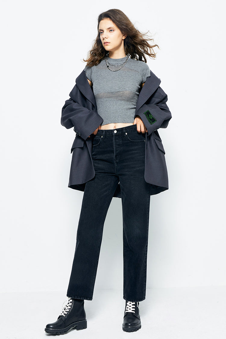 High Rise Straight Ankle Jeans Mid-weight Denim Manhattan