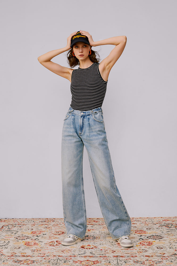 Wide Leg Heavy Weight Denim Jeans High-Rise Fun City HJ105
