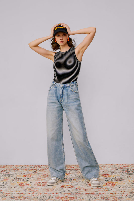 Wide Leg Heavy Weight Denim Jeans High-Rise Fun City HJ105