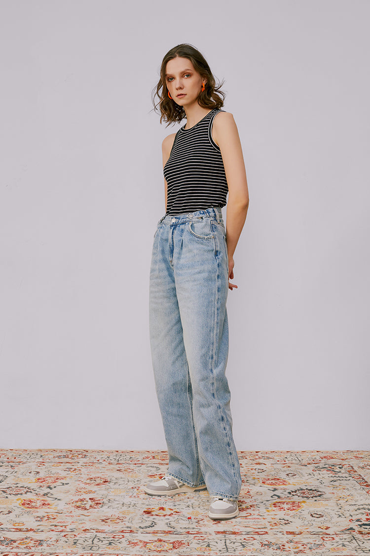 Wide Leg Heavy Weight Denim Jeans High-Rise Fun City HJ105