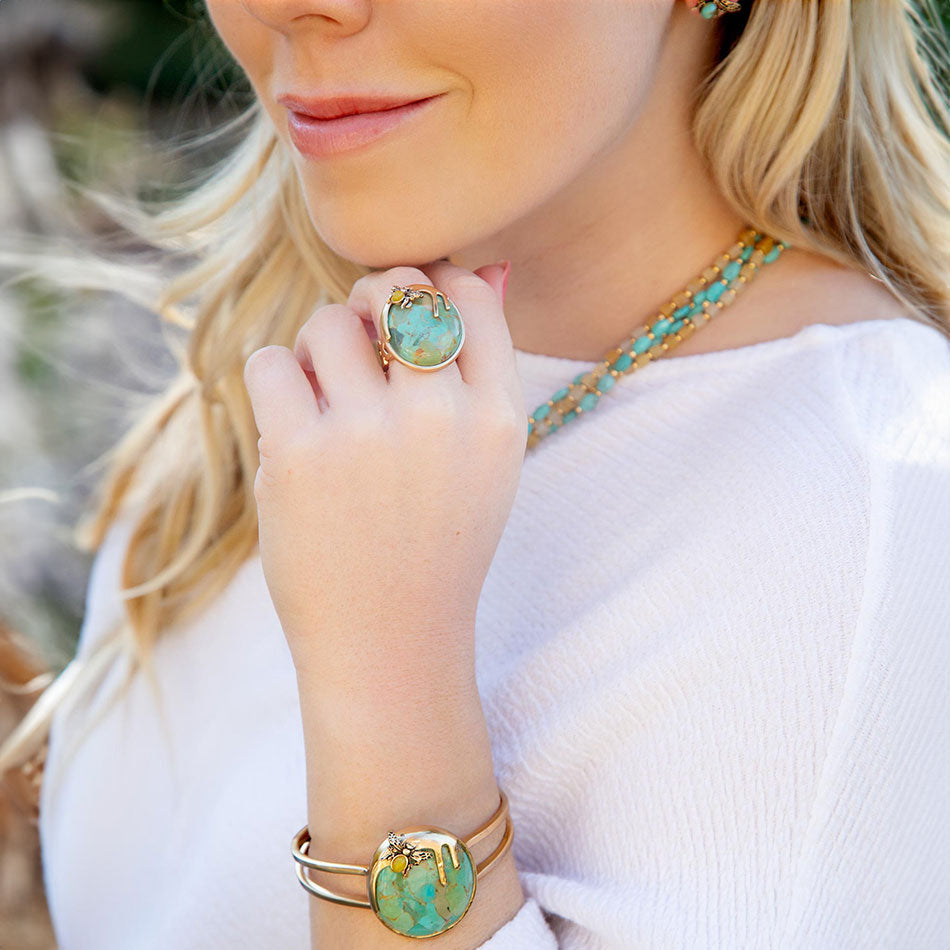 Blue Turquoise Golden Cuff Bracelet Honey Bee Barse Jewelry
