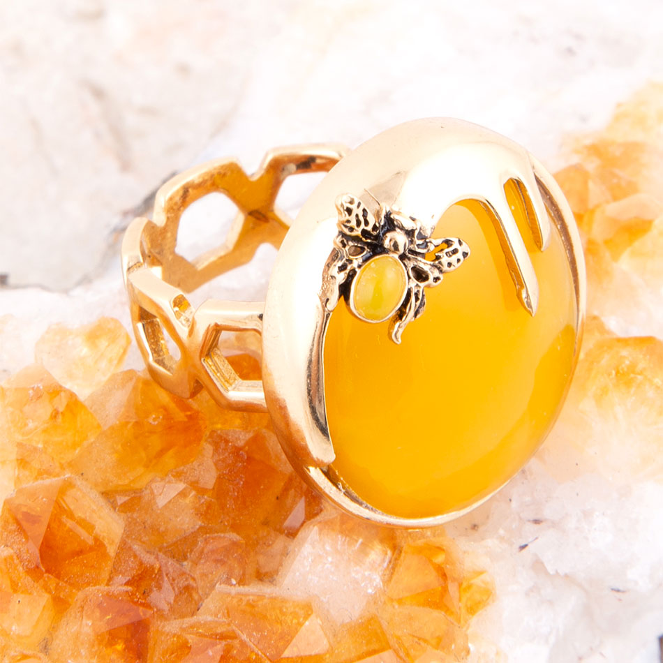 Yellow Agate Honey Bee Golden Ring Bronze Jewelry Barse