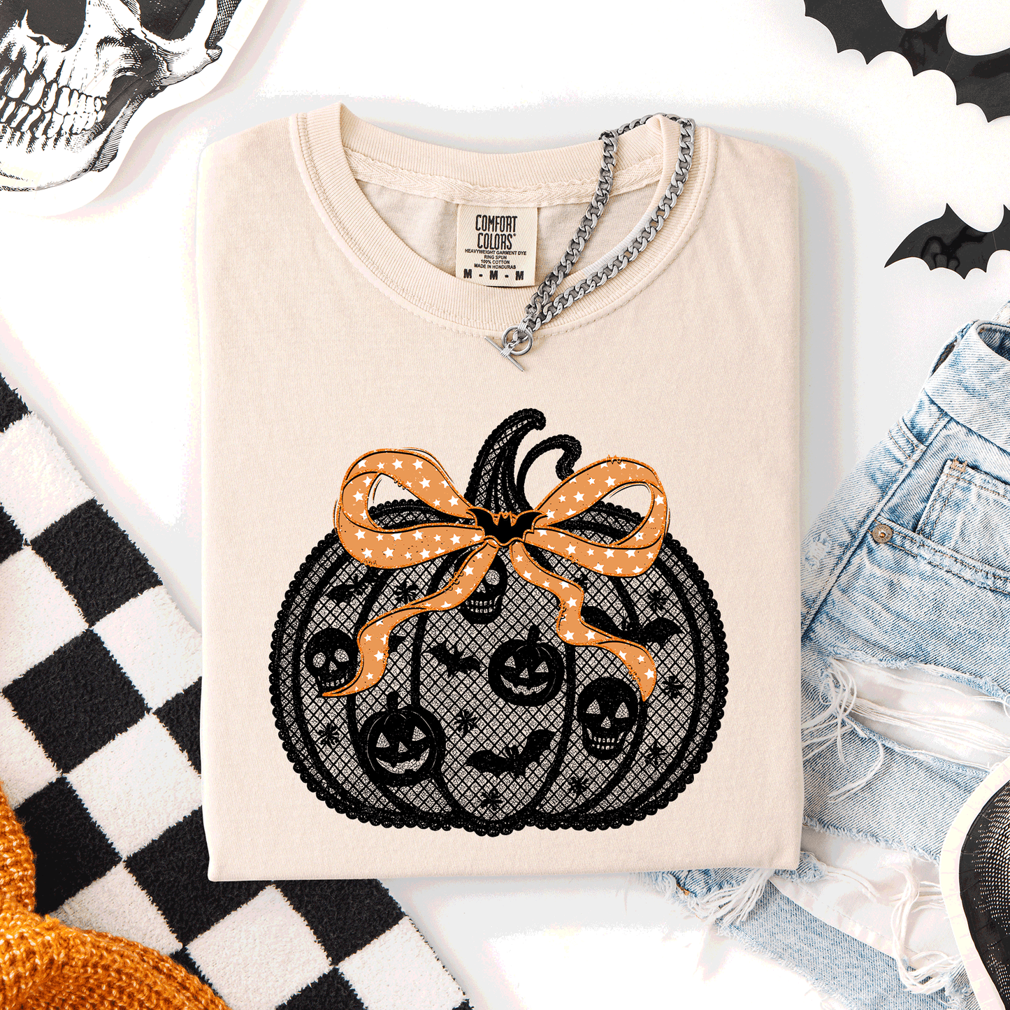 Halloween Pumpkin Faux Lace Comfort Colors T-Shirt Refinery Number One