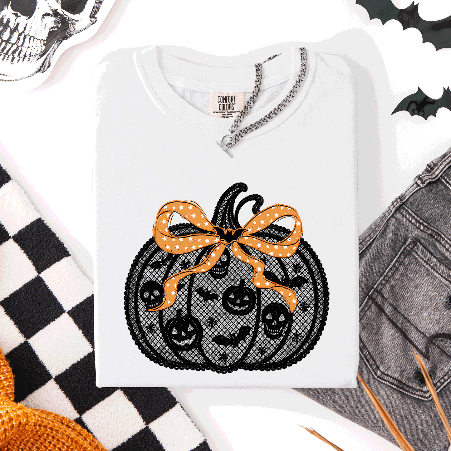 Halloween Pumpkin Faux Lace Comfort Colors T-Shirt Refinery Number One