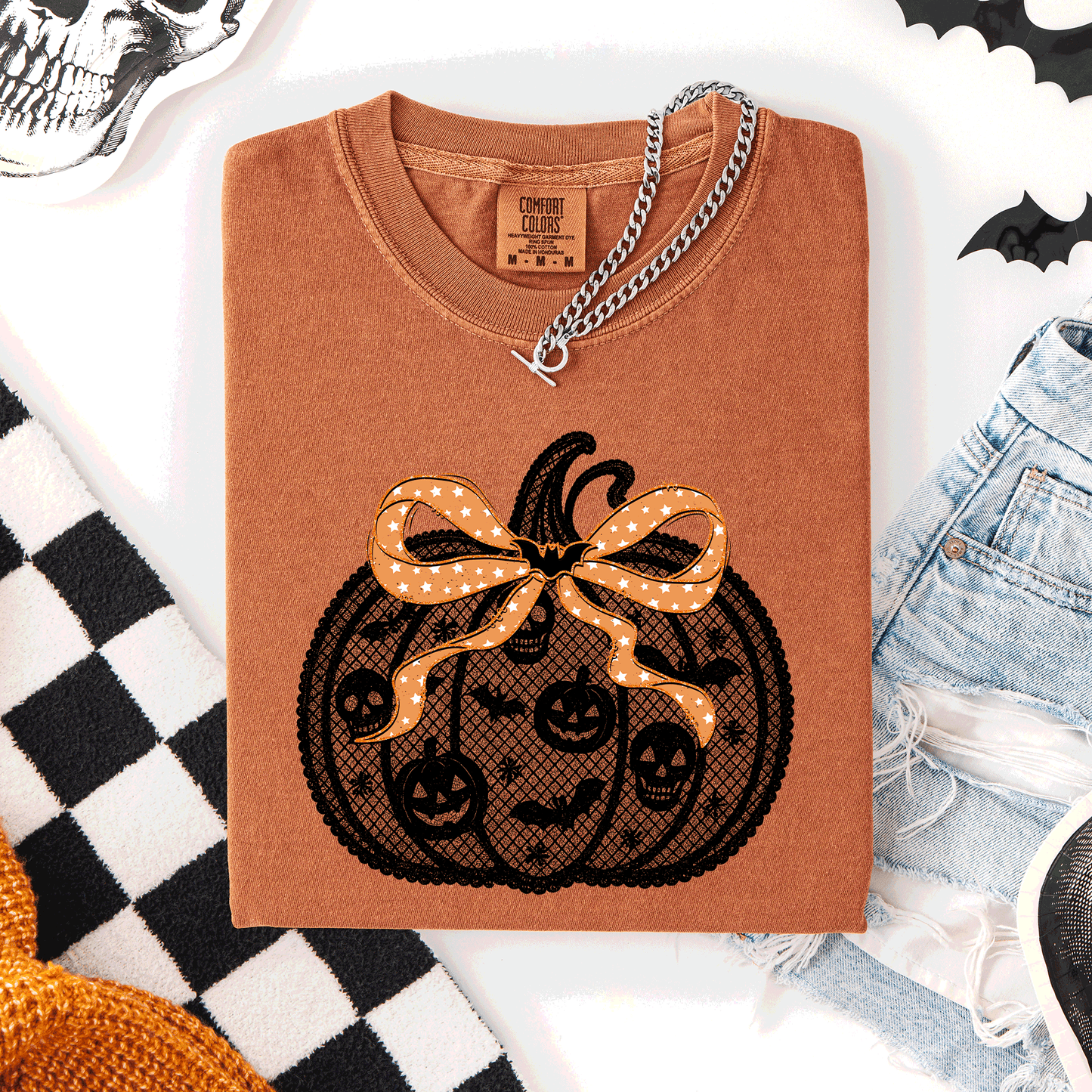 Halloween Pumpkin Faux Lace Comfort Colors T-Shirt Refinery Number One