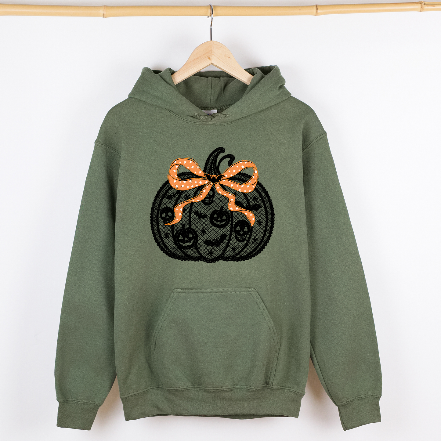Halloween Pumpkin Faux Lace Ribbon Bows Graphic Hoodie Hooded Sweatshirt