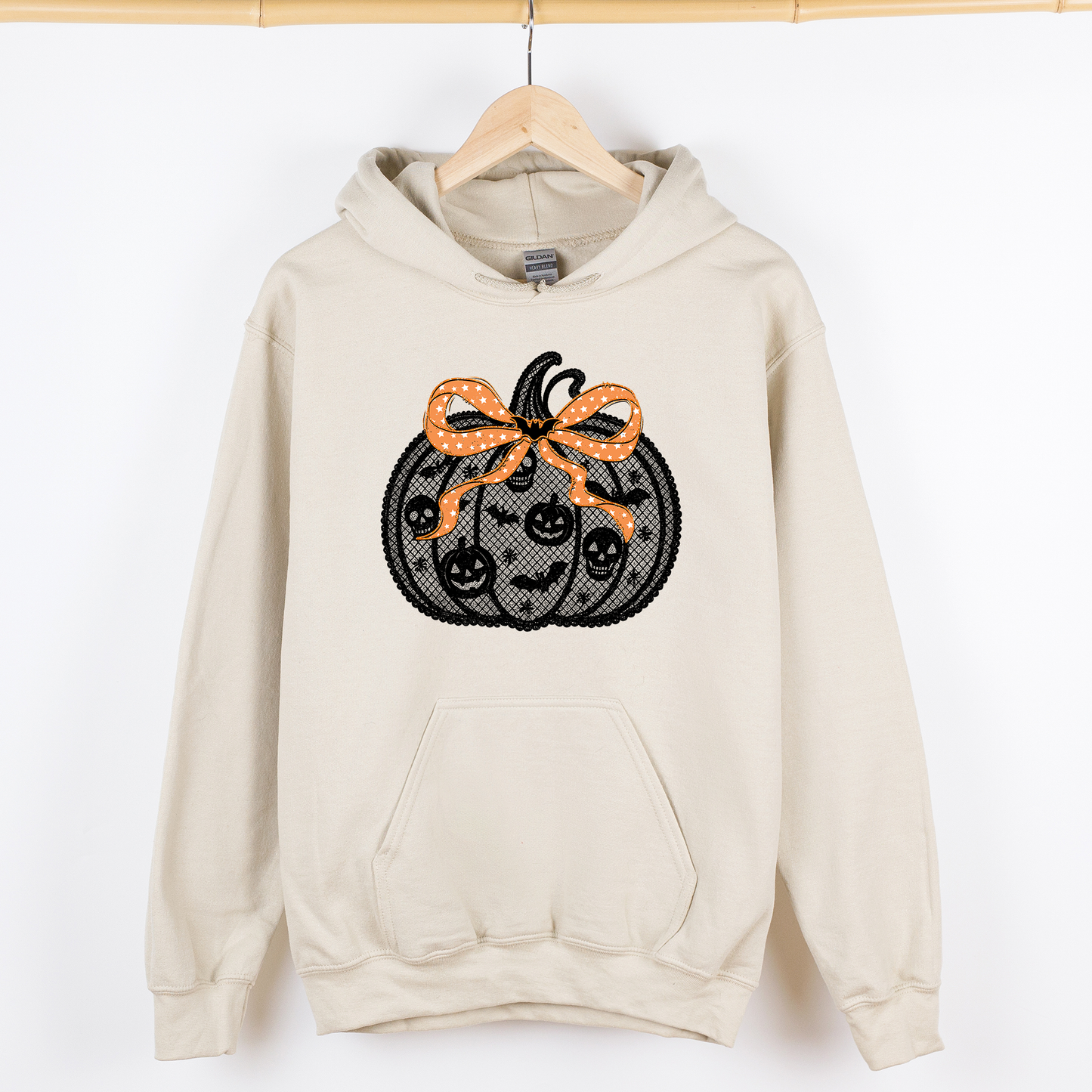 Halloween Pumpkin Faux Lace Ribbon Bows Graphic Hoodie Hooded Sweatshirt
