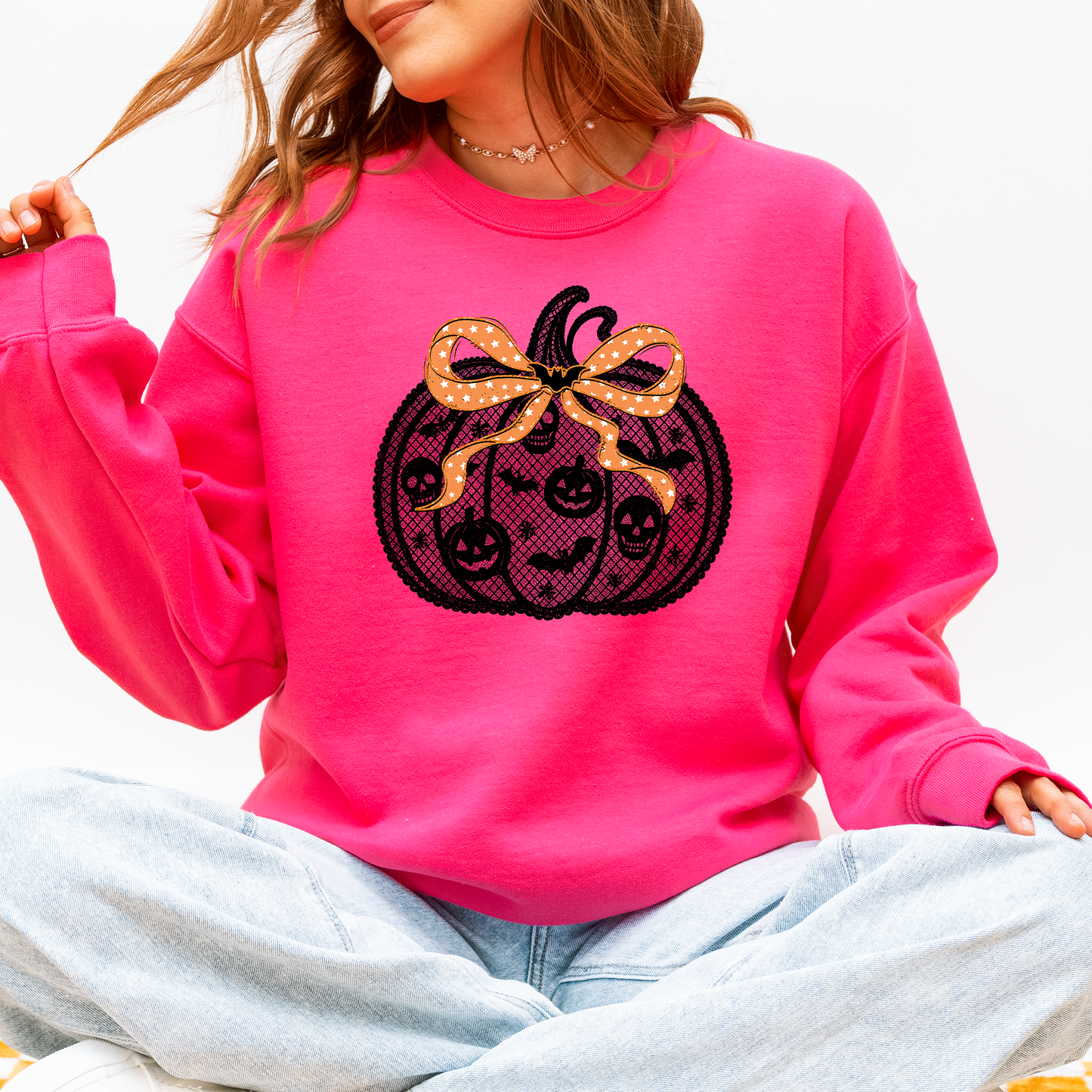 Halloween Pumpkin Faux Lace Ribbon Bows Sweatshirt Refinery Number One