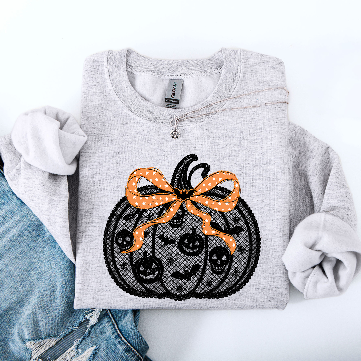 Halloween Pumpkin Faux Lace Ribbon Bows Sweatshirt Refinery Number One