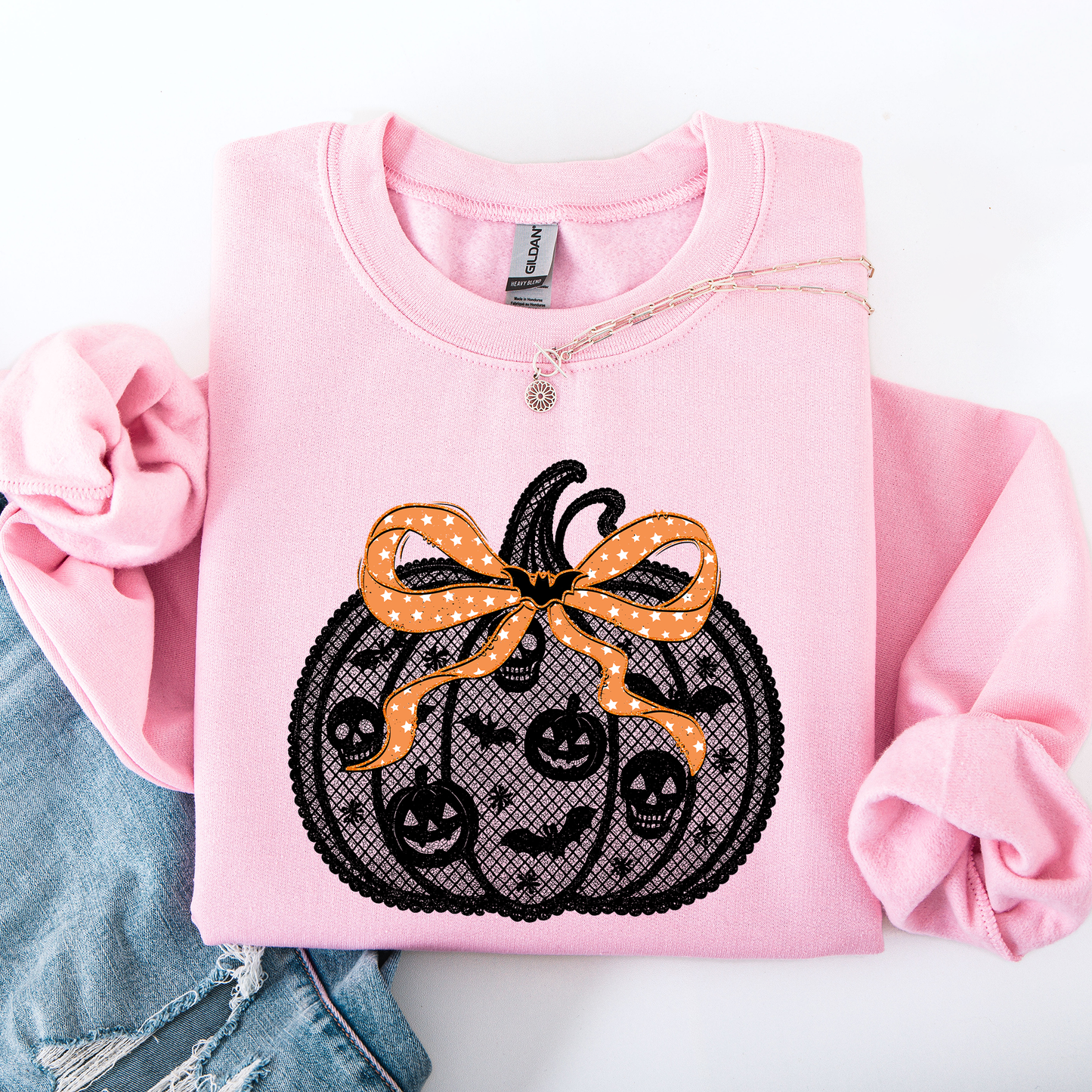 Halloween Pumpkin Faux Lace Ribbon Bows Sweatshirt Refinery Number One
