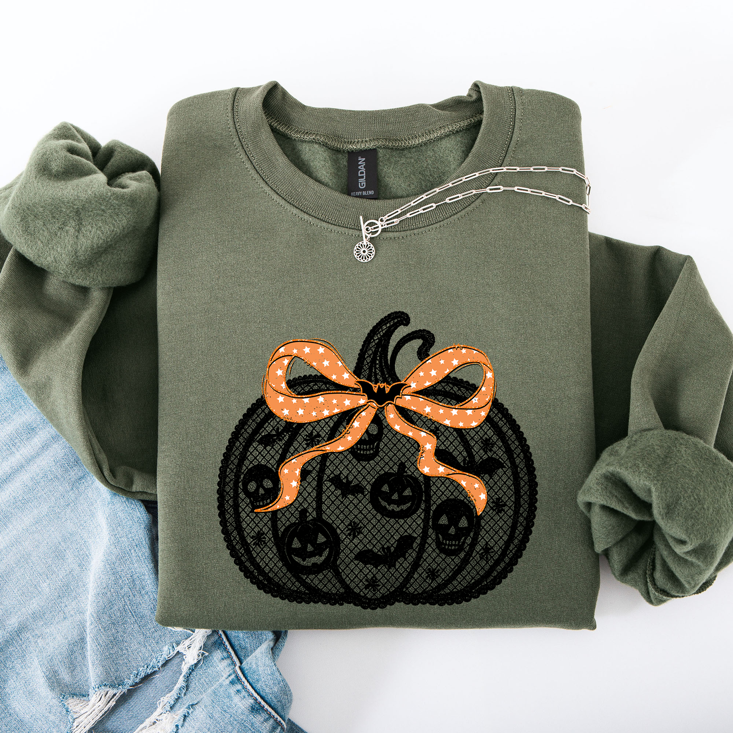 Halloween Pumpkin Faux Lace Ribbon Bows Sweatshirt Refinery Number One