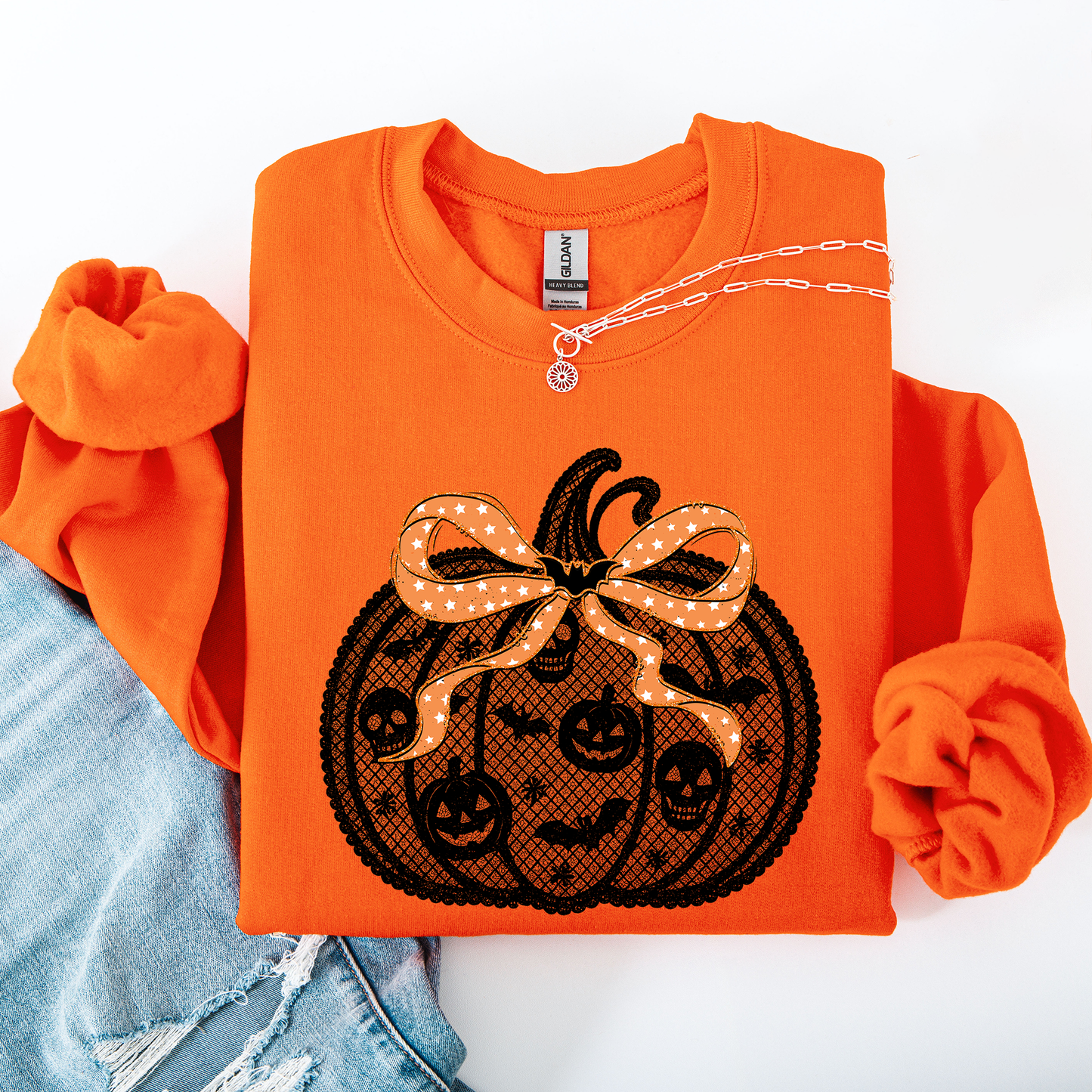 Halloween Pumpkin Faux Lace Ribbon Bows Sweatshirt Refinery Number One