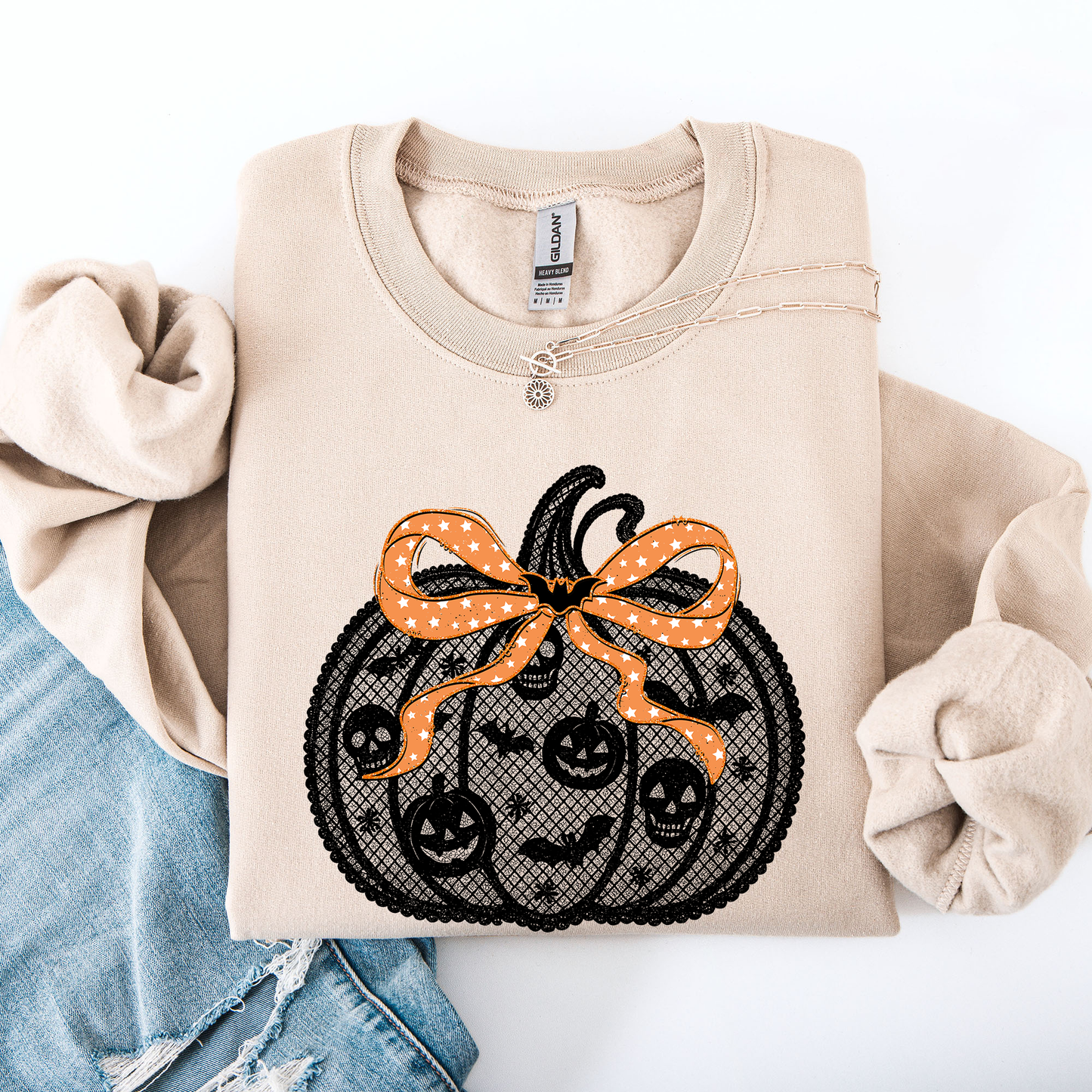 Halloween Pumpkin Faux Lace Ribbon Bows Sweatshirt Refinery Number One