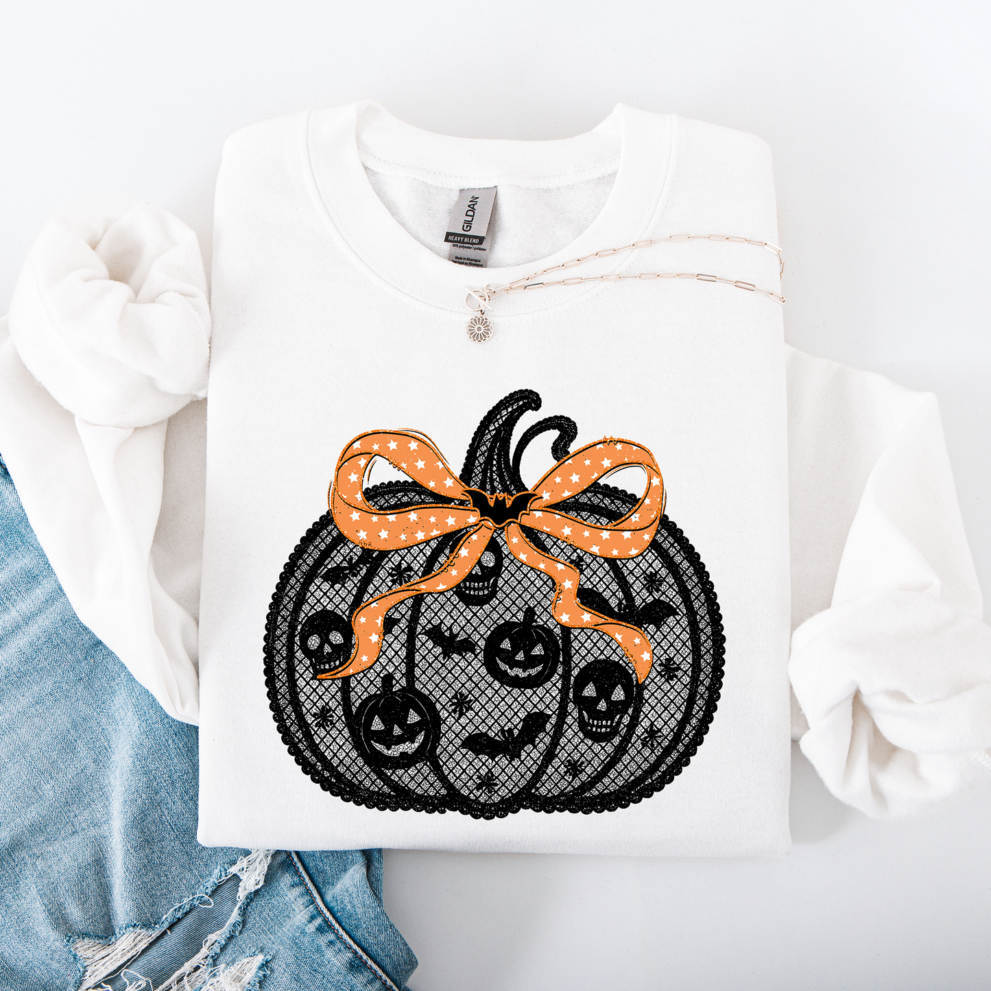 Halloween Pumpkin Faux Lace Ribbon Bows Sweatshirt Refinery Number One