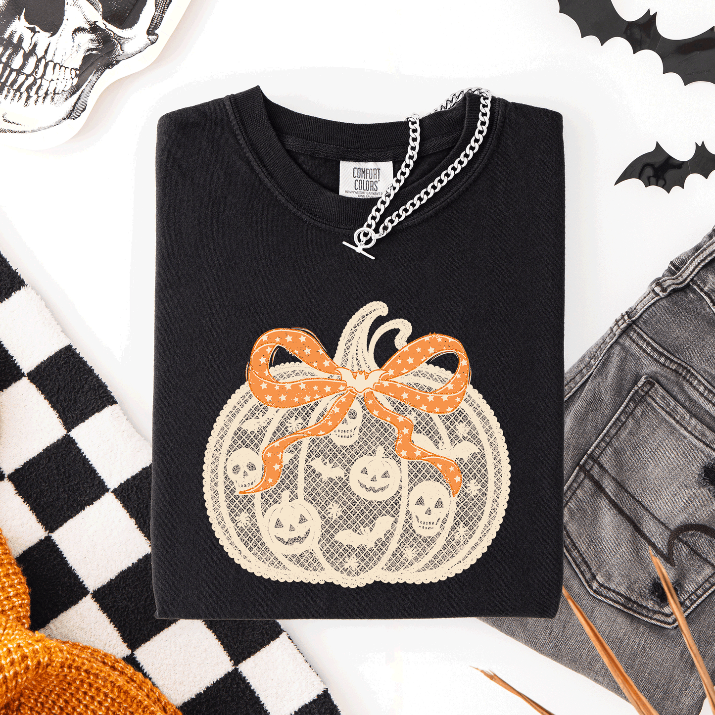 Halloween Pumpkin Faux Lace Comfort Colors T-Shirt Refinery Number One
