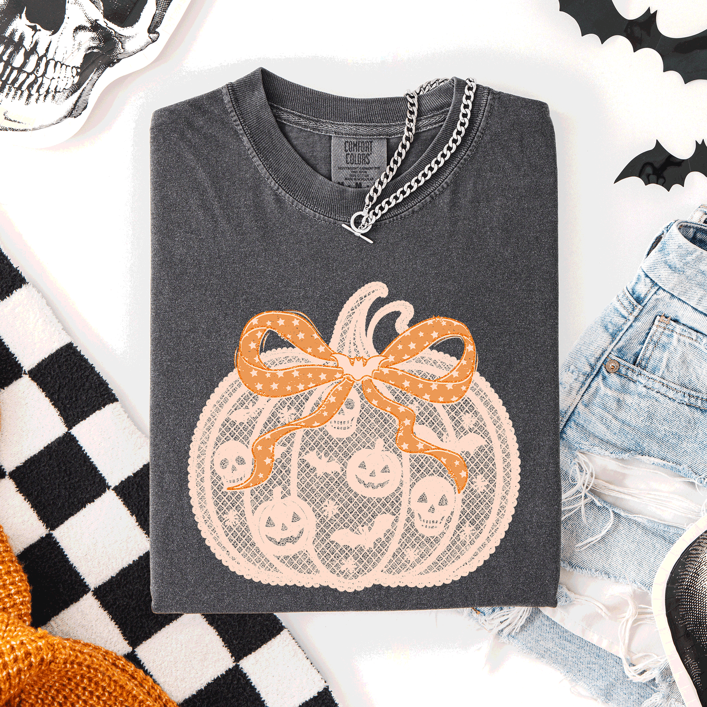 Halloween Pumpkin Faux Lace Comfort Colors T-Shirt Refinery Number One