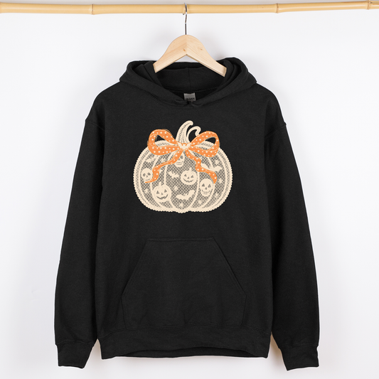 Halloween Pumpkin Faux Lace Ribbon Bows Graphic Hoodie Hooded Sweatshirt