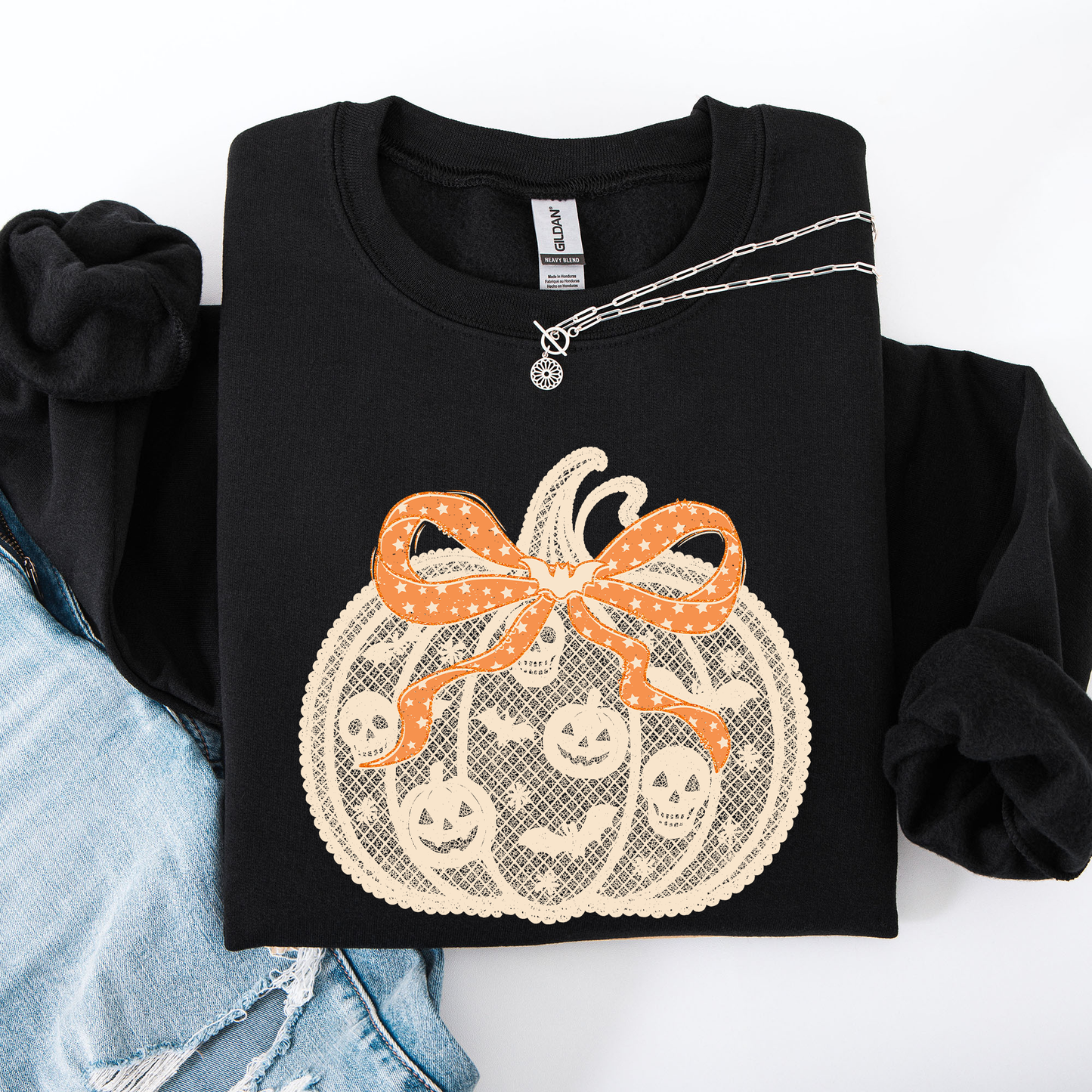 Halloween Pumpkin Faux Lace Ribbon Bows Sweatshirt Refinery Number One