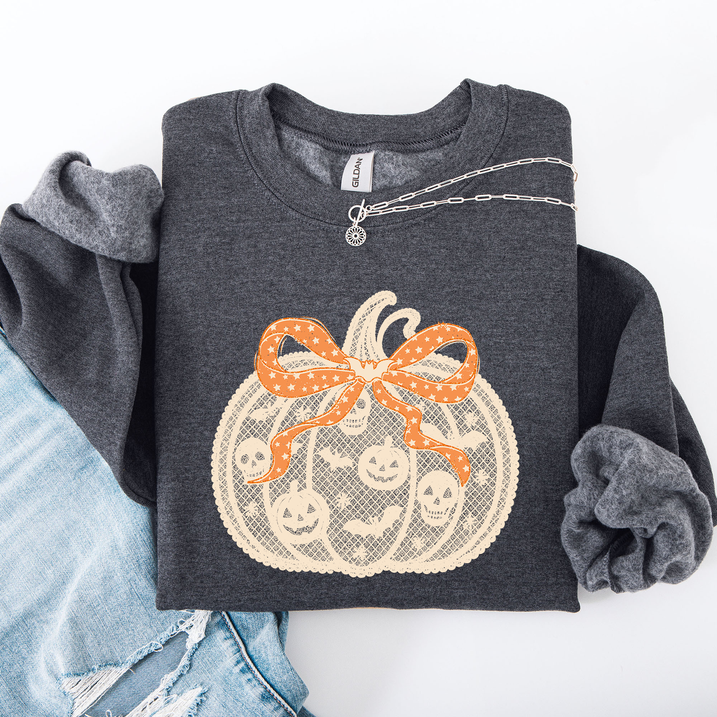 Halloween Pumpkin Faux Lace Ribbon Bows Sweatshirt Refinery Number One