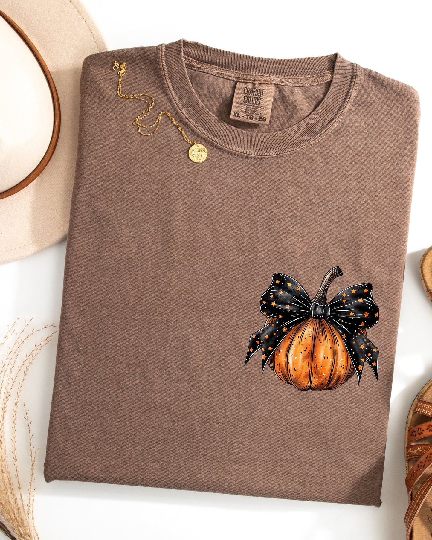 Halloween Pumpkin Ribbon Pocket Print Fall Autumn Comfort Colors T-Shirt Coquette