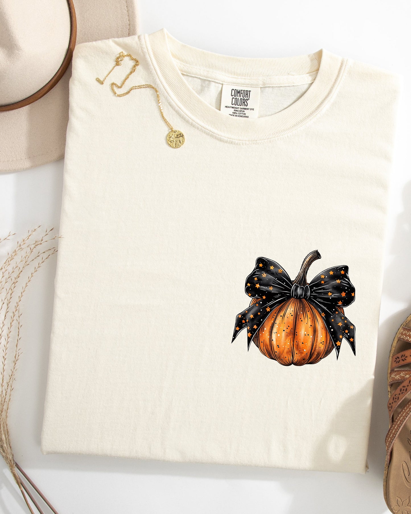 Halloween Pumpkin Ribbon Pocket Print Fall Autumn Comfort Colors T-Shirt Coquette