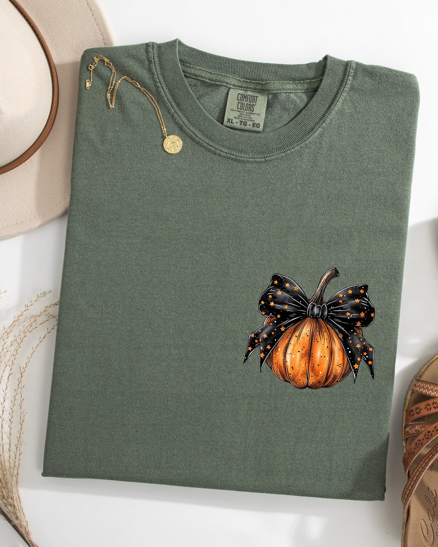Halloween Pumpkin Ribbon Pocket Print Fall Autumn Comfort Colors T-Shirt Coquette
