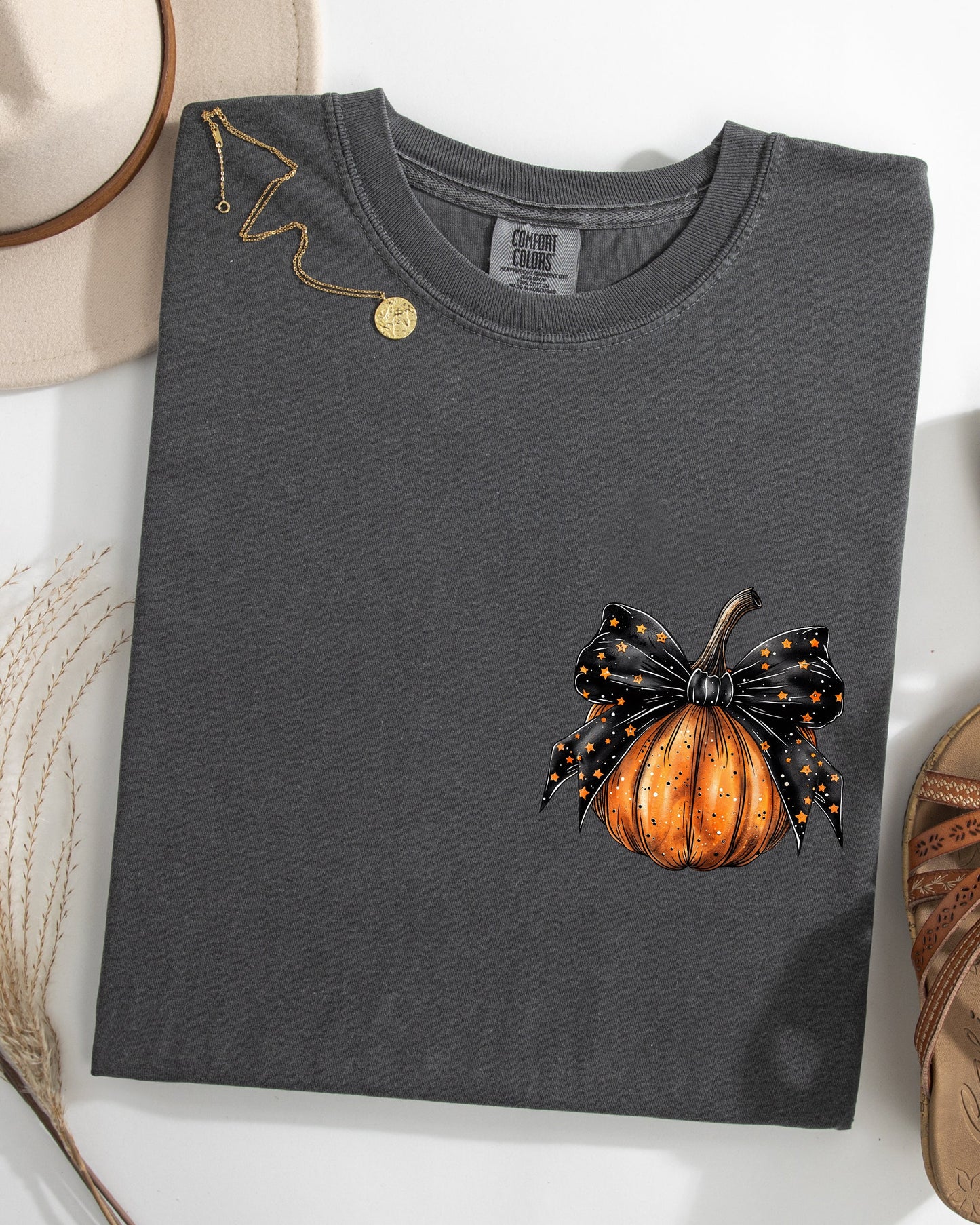 Halloween Pumpkin Ribbon Pocket Print Fall Autumn Comfort Colors T-Shirt Coquette