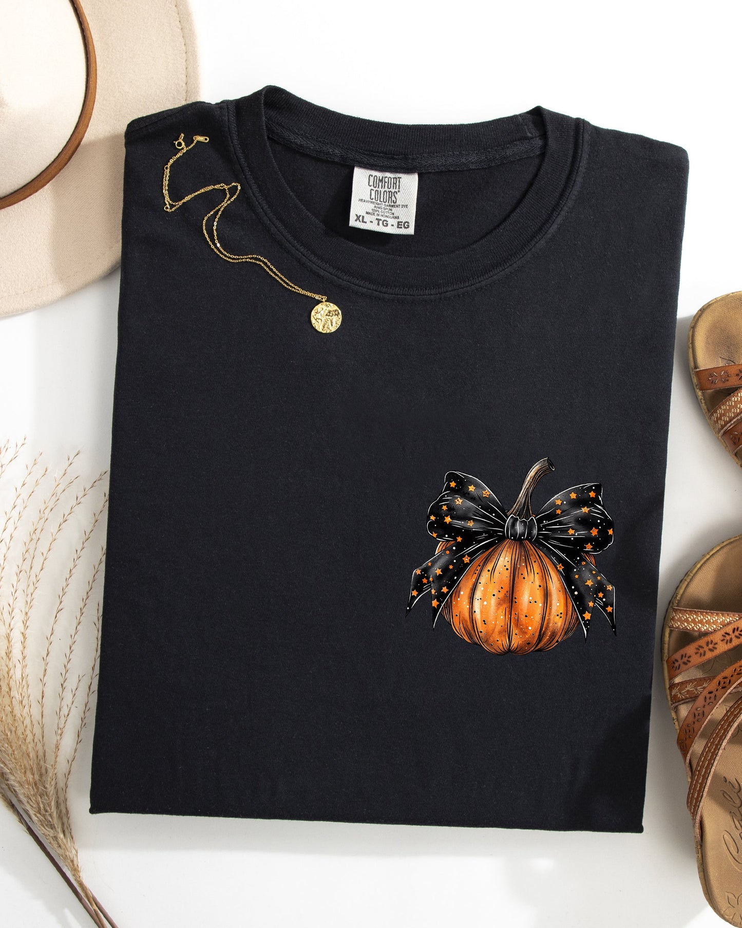 Halloween Pumpkin Ribbon Pocket Print Fall Autumn Comfort Colors T-Shirt Coquette