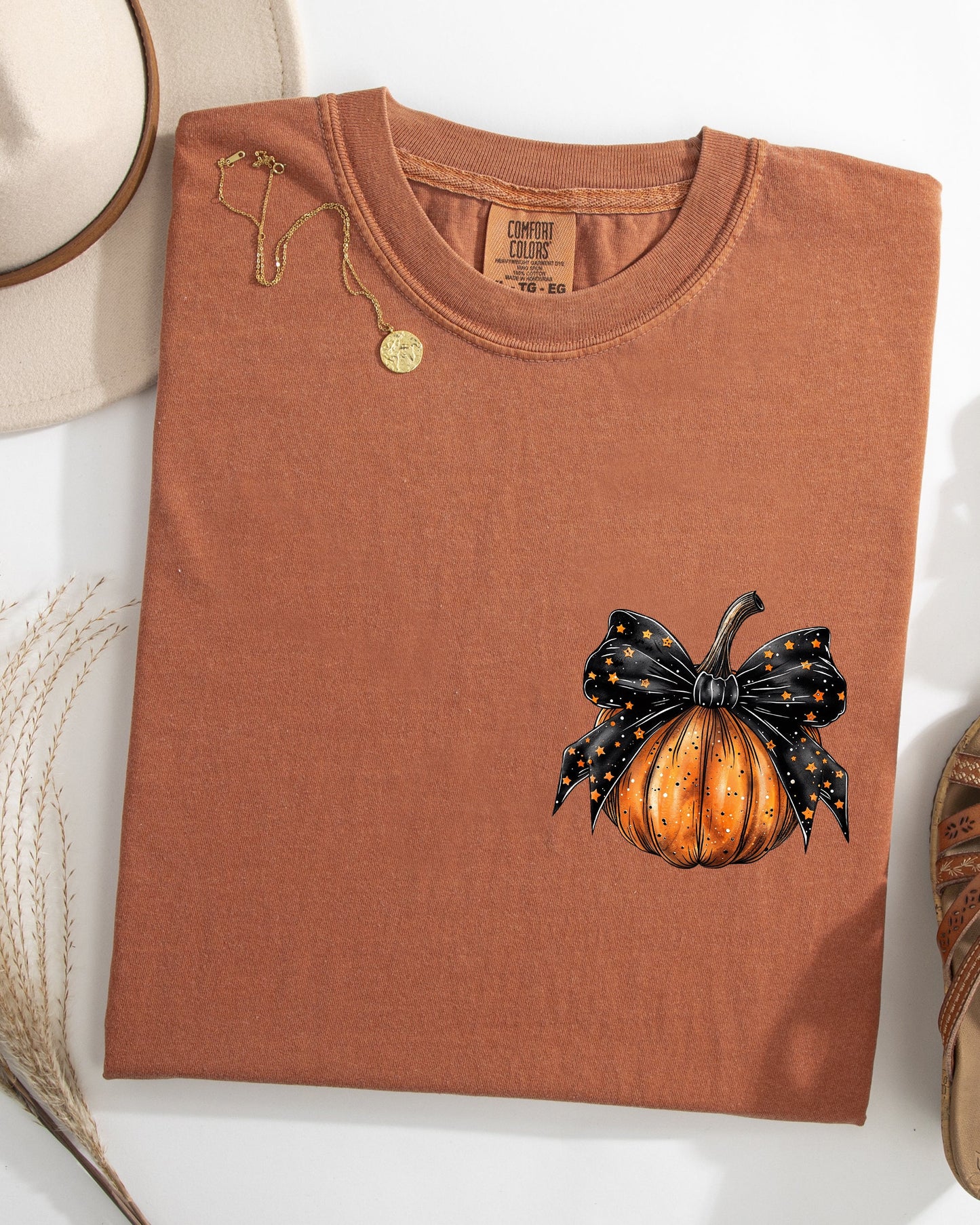 Halloween Pumpkin Ribbon Pocket Print Fall Autumn Comfort Colors T-Shirt Coquette