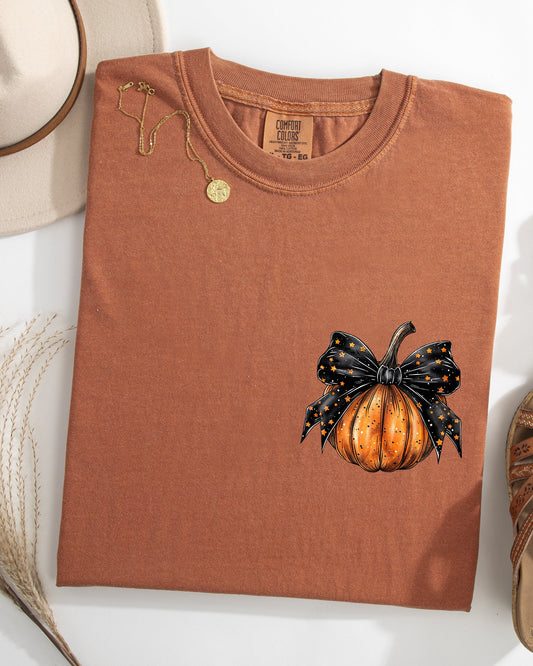 Halloween Pumpkin Ribbon Pocket Print Fall Autumn Comfort Colors T-Shirt Coquette